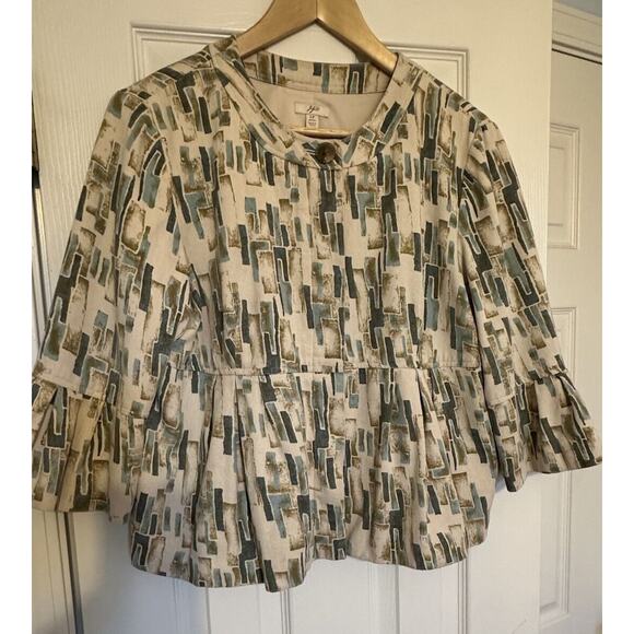 J Jill Jacket Womens Petite L Beige Blue Geo Print Silk Blazer Peplum Hem Boho - Picture 1 of 10